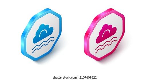 Isometric Fog and cloud icon isolated on white background. Hexagon button. Vector