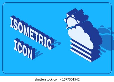 Isometric Fog and cloud with sun icon isolated on blue background.  Vector Illustration