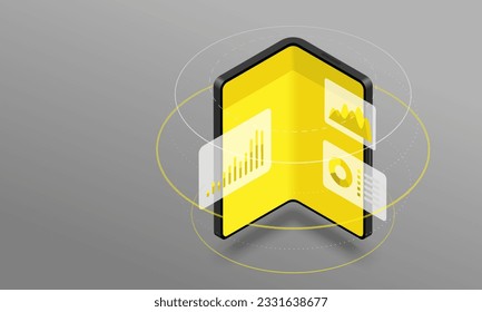 Isometric foldable colorful smartphone with flying trade elements on gradient background.