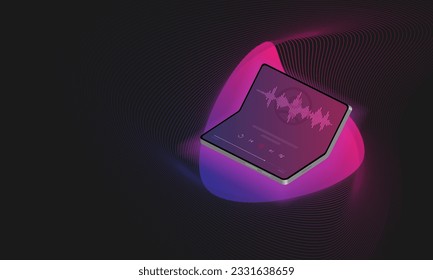 Isometric foldable smartphone with music application and abstract bacground.