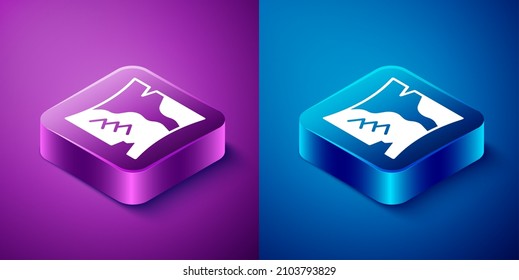 Isometric Folded map icon isolated on blue and purple background. Square button. Vector