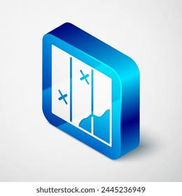 Isometric Folded map icon isolated on grey background. Blue square button. Vector