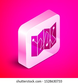 Isometric Folded map with location marker icon isolated on pink background. Silver square button. Vector Illustration