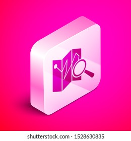 Isometric Folded map with location marker icon isolated on pink background. Silver square button. Vector Illustration