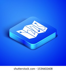 Isometric Folded map with location marker icon isolated on blue background. Blue square button. Vector Illustration