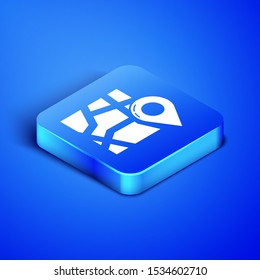 Isometric Folded map with location marker icon isolated on blue background. Blue square button. Vector Illustration