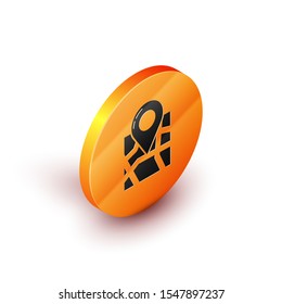 Isometric Folded map with location marker icon isolated on white background. Orange circle button. Vector Illustration