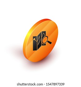 Isometric Folded map with location marker icon isolated on white background. Orange circle button. Vector Illustration