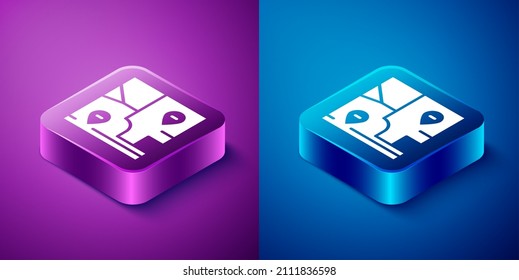Isometric Folded map with location marker icon isolated on blue and purple background. Square button. Vector