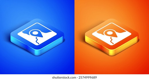 Isometric Folded map with location marker icon isolated on blue and orange background. Square button. Vector