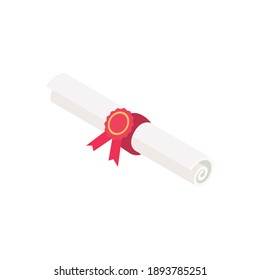 Isometric folded sealed diploma on white background 3d icon vector illustration