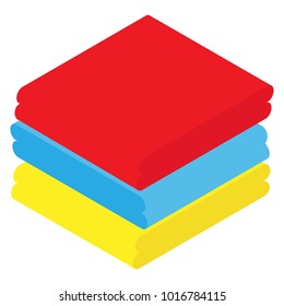 Isometric folded towels red, blue and yellow.  Soft cotton towl for bath