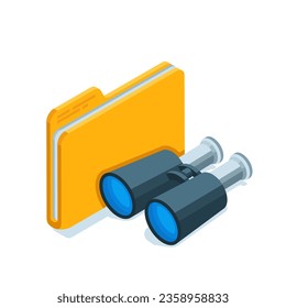 isometric folder and binoculars in color on a white background, search by catalog or folder