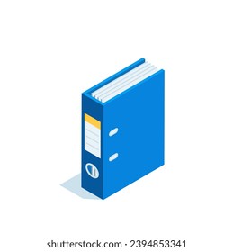 isometric folder with documentation, in color on a white background, work with documents or office stationery and statistical data