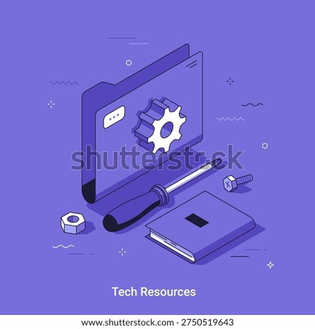 Isometric folder with gear symbol, screwdriver, and book. Digital file management and technical support concept. Vector illustration for business data organization and documentation.