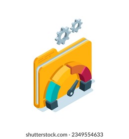 isometric folder icon and power scales in color on a white background, turbo acceleration of working with data