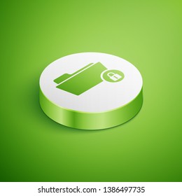 Isometric Folder and lock icon isolated on green background. Closed folder and padlock. Security, safety, protection concept. White circle button. Vector Illustration