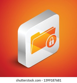 Isometric Folder and lock icon isolated on orange background. Closed folder and padlock. Security, safety, protection concept. Silver square button. Vector Illustration
