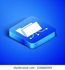 Isometric Folder and lock icon isolated on blue background. Cyber defense. Security, safety, protection concept. Blue square button. Vector Illustration