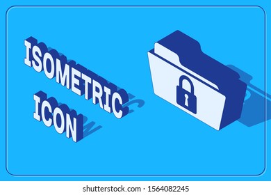 Isometric Folder and lock icon isolated on blue background. Closed folder and padlock. Security, safety, protection concept.  Vector Illustration