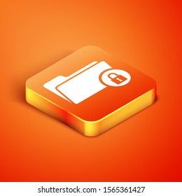 Isometric Folder and lock icon isolated on orange background. Closed folder and padlock. Security, safety, protection concept.  Vector Illustration