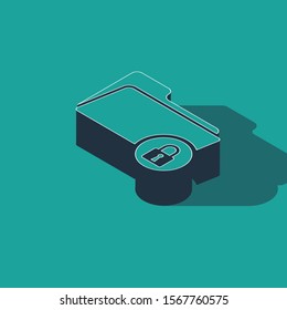 Isometric Folder and lock icon isolated on green background. Closed folder and padlock. Security, safety, protection concept.  Vector Illustration