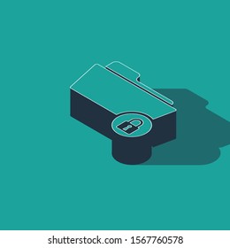 Isometric Folder and lock icon isolated on green background. Closed folder and padlock. Security, safety, protection concept.  Vector Illustration