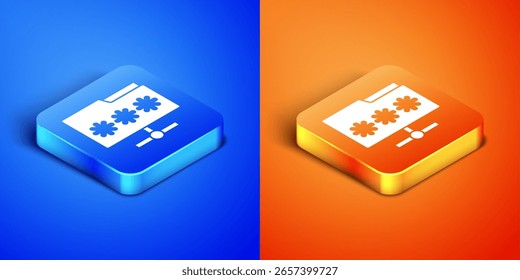 Isometric Folder with password notification icon isolated on blue and orange background. Cyber defense. Security, safety, protection concept. Square button. Vector