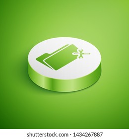 Isometric Folder with screwdriver and wrench icon isolated on green background. Adjusting, service, setting, maintenance, repair, fixing. White circle button. Vector Illustration