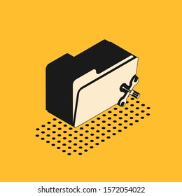 Isometric Folder with screwdriver and wrench icon isolated on yellow background. Adjusting, service, setting, maintenance, repair, fixing.  Vector Illustration