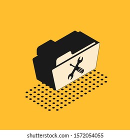 Isometric Folder with screwdriver and wrench icon isolated on yellow background. Adjusting, service, setting, maintenance, repair, fixing.  Vector Illustration