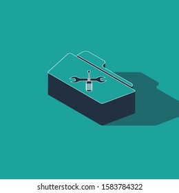 Isometric Folder with screwdriver and wrench icon isolated on green background. Adjusting, service, setting, maintenance, repair, fixing.  Vector Illustration