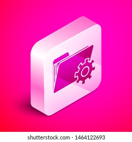 Isometric Folder settings with gears icon isolated on pink background. Software update, transfer protocol, teamwork tool management. Silver square button. Vector Illustration