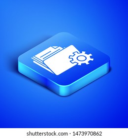 Isometric Folder settings with gears icon isolated on blue background. Software update, transfer protocol, teamwork tool management. Blue square button. Vector Illustration