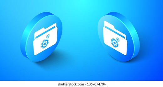 Isometric Folder settings with gears icon isolated on blue background. Concept of software update, transfer protocol, router, teamwork tool management. Blue circle button. Vector.