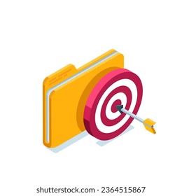 isometric folder and a target with an arrow, in color on a white background, achieving success or successfully executing a plan