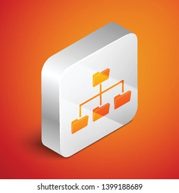 Isometric Folder tree icon isolated on orange background. Computer network file folder organization structure flowchart. Silver square button. Vector Illustration