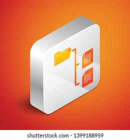 Isometric Folder tree icon isolated on orange background. Computer network file folder organization structure flowchart. Silver square button. Vector Illustration