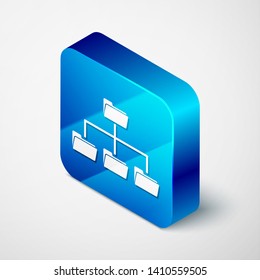Isometric Folder tree icon isolated on white background. Computer network file folder organization structure flowchart. Blue square button. Vector Illustration