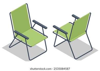 Isometric folding chair for camping or fishing. Green foldable camp chair isolated on white