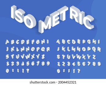 Isometric font. 3d perspective effect geometric typography. Isometrical bold alphabet letters, numbers and symbols with shadows vector set. Latin abc and punctuation marks template