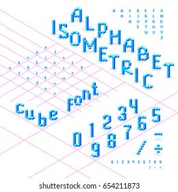 Isometric font, alphabet, abc  from blue cubes. Can be used in different 3d directions. Uppercase and lowercase characters, numbers. Under each symbol is part of an isometric grid. Vector illustration