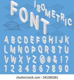 Isometric font alphabet with drop shadow on blue background. Vector illustration