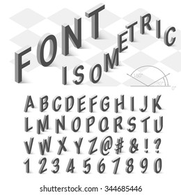 Isometrisches Schriftalphabet mit Schlagschatten auf weißem Hintergrund.  Vektorgrafik.  Isometrische Schriftart. Isometrisches Alphabet. Isometrisches Abc. 