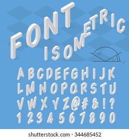 Isometric font alphabet with drop shadow on blue background. Vector illustration. Isometric font. Isometric alphabet. Isometric abc. 