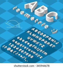 Isometric font alphabet with drop shadow on blue background. Vector illustration.  Isometric font. Isometric alphabet. Isometric abc. 