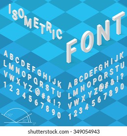 Isometric Font Alphabet With Drop Shadow On Blue Background. Vector Illustration.  Isometric Font. Isometric Alphabet. Isometric Abc. 