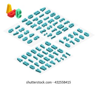 Isometric Font Alphabet With Drop Shadow On Background.  Flat Vector Illustration.  Isometric Abc. 3d Letters, Numbers And Symbols. Three-Dimensional Stock Vector Typography For Headlines, Posters Etc