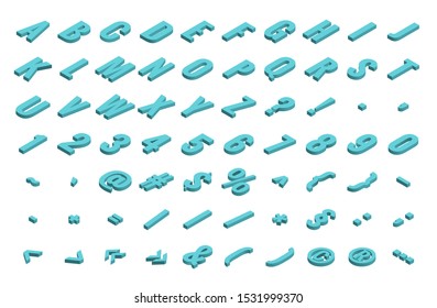 Isometric font alphabet isolated on the background. Isometric abc. Letters, numbers and symbols. Three-Dimensional stock typography for headlines, posters etc