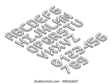 Isometric font alphabet in thin line style